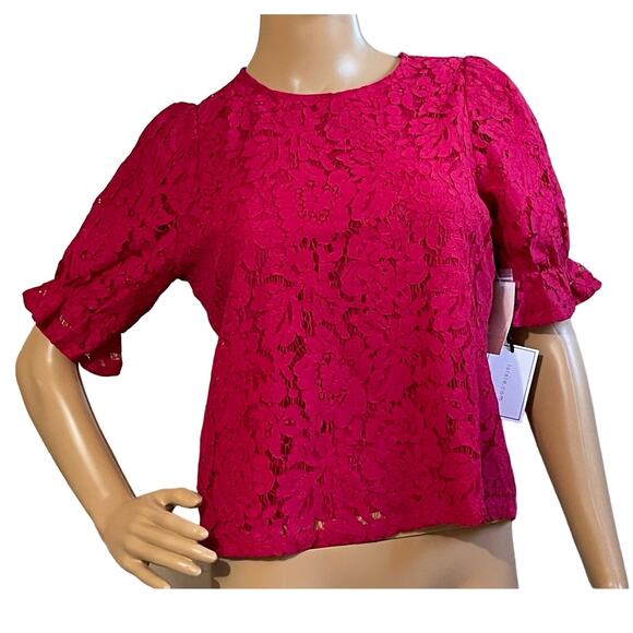 NWT 1.STATE FLORAL LACE TOP-WINEBERRY PUFF SLEEVES‎ SIZE SMALL - Picture 1 of 13